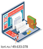 Concept of electronic bill and online bank, laptop with check tape. Payment by means of the payments electronic online. Payment plastic card, tiny woman payer buys goods online, receives an invoice. Concept of electronic bill and online bank. Payment by means of the payments electronic online. Стоковая иллюстрация, агентство Ingram Publishing / Фотобанк Лори