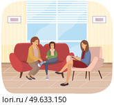 Family relationship concept. Conversation between mother, son and female psychologist or psychotherapist. People quarrels. Angry mom yells at child. Doctor gives advice on family psychology. Conversation between mother, son and female psychologist. People quarrels in consultation. Стоковая иллюстрация, агентство Ingram Publishing / Фотобанк Лори