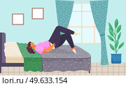 Thick girl puts on skinny jeans lies on bed, young fat woman relaxing in mattress in bedroom. Female character puts on pants while lying on couch at home in living room isolated. Thick girl puts on skinny jeans lies on bed, young fat woman relaxing in mattress in bedroom. Стоковая иллюстрация, агентство Ingram Publishing / Фотобанк Лори