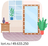 Cartoon background of living room with window, potted plant on windowsill, floor mirror. Indoor furniture design, modern home interior. Arrangement of furniture and layout of premises in apartment. Cartoon background of female living room with window, potted plant on windowsill, floor mirror. Стоковая иллюстрация, агентство Ingram Publishing / Фотобанк Лори