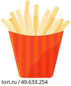 French fries in red striped paper Box. Fastfood vector design fried potatoes in oil, unhealthy meal. High-calorie product in cardboard box isolated on white background. Tasty snack in red bucket. French fries in red striped paper Box. Fastfood vector design fried potatoes in oil, unhealthy meal. Стоковая иллюстрация, агентство Ingram Publishing / Фотобанк Лори