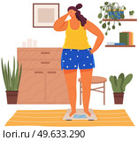 Young woman stands on scales and weights. Lady on diet wants to be slim. Person uses equipment, device to measure kilograms at home. Overweight girl dieting to lose weight vector illustration. Overweight girl dieting to lose weight. Young woman uses scales to measure kilograms at home. Стоковая иллюстрация, агентство Ingram Publishing / Фотобанк Лори