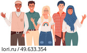 People greeting gesture. Different nations representatives waving hand saying hi. Men, women say hello. People waving hands and gesturing in friendly way. Characters wave their hand and say welcome hi. People greeting gesture. Different nations representatives waving hand saying hello. Стоковая иллюстрация, агентство Ingram Publishing / Фотобанк Лори