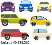 Set of modes of transport and machine shapes. Transport isolated on white background. Crossover, hatchback, pickup, cabriolet vehicle vector illustration. Cars of different types without drivers. Cars of different types without drivers. Set of modes of transport and shapes vector illustration. Стоковая иллюстрация, агентство Ingram Publishing / Фотобанк Лори