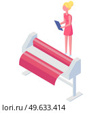Isometric factory printer. Girl working with equipment isolated on white background. Office or production technique. Installation for printing. Technique, printer, printing machine vector illustration. Isometric factory printer. Girl working with equipment. Installation for printing colored papers. Стоковая иллюстрация, агентство Ingram Publishing / Фотобанк Лори