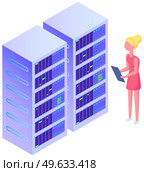 Flat isometric system sdministration. Server admin, IT girl. Programmer or code developer working with clipboard, server rack vector illustration. 3d isometry technology and telecom concept. Server admin, IT girl, system sdministration. Programmer or code developer working with clipboard. Стоковая иллюстрация, агентство Ingram Publishing / Фотобанк Лори
