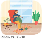 Woman knitting scarf in living room. Girl works with threads in ball. Female character sitting on chair with knitting needles in her hands. Person looks at hand-made product. Lady resting at home. Woman knitting scarf in living room. Female character sitting on armchair with knitting needles. Стоковая иллюстрация, агентство Ingram Publishing / Фотобанк Лори