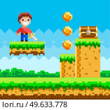 Pixel-game male brave character. Pixelated natural landscape with warrior holding steel sword standing on green grass platforms with coins on meadow. Cartoon pixel person to use in computer game. Pixel-game male brave character. Pixelated natural landscape with warrior holding steel sword. Стоковая иллюстрация, агентство Ingram Publishing / Фотобанк Лори