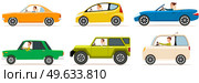 Set of modes of transport and machine shapes. Cartoon characters in transport isolated on white background. Drivers are sitting in cars. Crossover, hatchback, pickup vehicle vector illustration. Set of modes of transport and shapes. Cartoon characters in transport isolated on white background. Стоковая иллюстрация, агентство Ingram Publishing / Фотобанк Лори