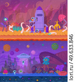 Set of illustrations about pixel game design. Aliens and astronauts are about to fly away on rocket and flying saucer. Pixelated characters are leaving planet in space transport vector illustration. Set of illustrations about pixel game design. Pixelated characters leaving planet in space transport. Стоковая иллюстрация, агентство Ingram Publishing / Фотобанк Лори