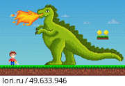 Pixel-game dinosaur monster breathes fire on human character in pixel art vector illustration. Video game sprite 8-bit style. Godzilla fighting pixelated warrior with sword on blue sky background. Pixel-game dinosaur monster breathes fire on human character in pixel art vector illustration. Стоковая иллюстрация, агентство Ingram Publishing / Фотобанк Лори