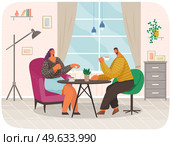 Man and woman sitting at table with coffee in restaurant on date. Married couple drink tea in kitchen at home, sitting at cozy table with bouquet in vase. Peasant family tea party in evening. Man and woman sitting at table with coffee in restaurant on date. Married couple drink tea at home. Стоковая иллюстрация, агентство Ingram Publishing / Фотобанк Лори