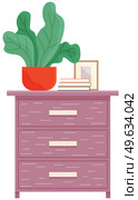 Vector elements of living room with commode, evergreen potted plant, stack of books. Indoor furniture design, modern home interior objects. Contemporary furniture, bedside table with pull-out drawers. Vector elements of living room furniture with commode, evergreen potted plant, stack of books. Стоковая иллюстрация, агентство Ingram Publishing / Фотобанк Лори