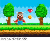 Viking wearing horned hat collects hearts and coins. 8 bit pixel game scene with heroic male character, pixelated personage with weapon ready to figh. Game landscape with grass and sky with clouds. Viking wearing horned hat collects hearts and coins. Pixelated personage with weapon ready to figh. Стоковая иллюстрация, агентство Ingram Publishing / Фотобанк Лори