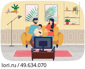 Family playing video games. Mom dad and son gaming with gamepad controller, holding joystick in hands spend time together at home. People siting on sofa in front of monitor and playing computer game. Friendly family playing video games at home together. Mom dad and son gaming with gamepad controller. Стоковая иллюстрация, агентство Ingram Publishing / Фотобанк Лори