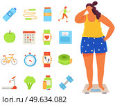Young woman stands on scales and weights. Person uses equipment, device to measure kilograms. Calorie counter symbols, pedometer, sports equipment. Overweight girl isolated on white background. Young woman stands on scales and weights. Calorie counter symbols, pedometer, sports equipment. Стоковая иллюстрация, агентство Ingram Publishing / Фотобанк Лори