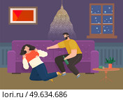 Drunk angry man scolding his wife while drinking booze. Arguing, reprimanding, having argument fight. Husband and wife breakup, parting and divorce. Family problems, couple conflicts. Marriage crisis. Drunk man scolding his wife while drinking booze. Arguing, reprimanding, having argument fight. Стоковая иллюстрация, агентство Ingram Publishing / Фотобанк Лори
