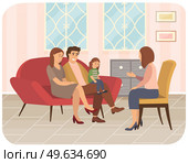 Conversation between parents, child and female psychologist or psychotherapist. Family psychotherapy, psychotherapeutic aid for children with mental problems. Woman asks child consultation with doctor. Conversation between parents, child and female psychologist or psychotherapist. Family psychotherapy. Стоковая иллюстрация, агентство Ingram Publishing / Фотобанк Лори