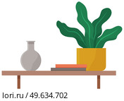 Shelf with books and potted plant. Hanging shelf with interior elements and decorations for room design. Wooden object holder vector illustration. Shelving for books isolated on white backdround. Shelving for books and potted plant. Hanging shelf with interior elements and decorations for room. Стоковая иллюстрация, агентство Ingram Publishing / Фотобанк Лори