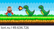 Pixelated background with viking and dinosaurs in natural landscape. Man fighting dragons with fire on meadow Pixel game scene with bearded male warrior and wild animals. Pixel-game 8 bit retro. Pixelated background with viking and dinosaurs in natural landscape. Man fighting dragons with fire. Стоковая иллюстрация, агентство Ingram Publishing / Фотобанк Лори
