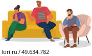Family relationship problems. Conversation between man, woman and male psychologist or psychotherapist. Couple of people quarrels. Angry man yells at girl. Girl is upset and hurt because of rudeness. Family relationship problems. Conversation between man, woman and male psychologist, upset girl. Стоковая иллюстрация, агентство Ingram Publishing / Фотобанк Лори