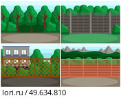 Set of illustrations about landscape design of places for recreation and events. Green spaces behind large fences made from different materials. Backyard decorated with trees and ornamental plants. Set of illustrations about landscape design of places for recreation and events. Trees behind fences. Стоковая иллюстрация, агентство Ingram Publishing / Фотобанк Лори