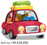 Travel by car in search of new adventures, happy family in automobile driving on road. People on holidays. Tourism around world. Friends come by vehicle with luggage to summer resort isolated on white. Travel by car in search of new adventures, happy family in automobile with luggage driving on road. Стоковая иллюстрация, агентство Ingram Publishing / Фотобанк Лори