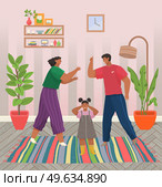 Problems and conflict in family, fight and arguing, quarreling over child in family. Cartoon angry parents swearing. Unhappy girl teenager. Dispute man and woman. Toxic relationships between people. Problems and conflict in family, fight and arguing, quarreling over child in family. Unhappy girl. Стоковая иллюстрация, агентство Ingram Publishing / Фотобанк Лори