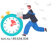 Young guy is in hurry to stop clock. Man competes with time so as not to be late. Large stopwatch stands on floor, running businessman isolated on white. The employee is late and wants to be on time. Large stopwatch, running businessman isolated on white. The employee is late and wants to be on time. Стоковая иллюстрация, агентство Ingram Publishing / Фотобанк Лори