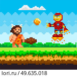 Pixelated natural landscape with caveman holding wooden club standing on green grass. Primitive man attacks flying iron robot in jet boots. Minimalistic pixel character in animal skin clothes near bot. Primitive man attacks flying iron robot in jet boots. Pixelated natural landscape with caveman. Стоковая иллюстрация, агентство Ingram Publishing / Фотобанк Лори