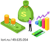 Man studies statistics shown on bar chart. Analyze financial graph concept. Guy is working with data and counts funds. Male character while working. Banking, business, financial operations for web. Man studies statistics shown on bar chart. Banking, business, financial operations for web. Стоковая иллюстрация, агентство Ingram Publishing / Фотобанк Лори