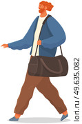 Angry man young businessman dressed in casual clothes walking at full height with travel or sports shoulder bag. Wicked male character, nervous redhead with beard person isolated on white background. Angry man young businessman dressed in casual clothes walking at full height with shoulder bag. Стоковая иллюстрация, агентство Ingram Publishing / Фотобанк Лори