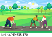 Volunteers are cleaning park. People volunteering collect garbage on contaminated area of country road polluted with plastic and paper waste. Characters are throwing trash out of town in spring. People collect garbage on contaminated area of country road polluted with plastic and paper waste. Стоковая иллюстрация, агентство Ingram Publishing / Фотобанк Лори