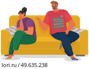 Young couple sitting on couch quarreling at home isolated on white. Man and woman couple in bad relationship. Arguing, reprimanding, having argument fight. Husband and wife breakup. Family conflicts. Young couple sitting on couch quarreling isolated on white. Man and woman couple in bad relationship. Стоковая иллюстрация, агентство Ingram Publishing / Фотобанк Лори