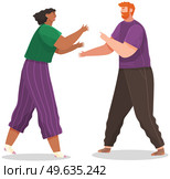 Young couple quarreling. Shout at each other. Man and woman in bad relationship. Arguing, reprimanding, having argument fight. Characters husband and wife breakup. Family conflicts. Marriage crisis. Young couple quarreling. Man and woman shout at each other in bad relationship. Arguing reprimanding. Стоковая иллюстрация, агентство Ingram Publishing / Фотобанк Лори