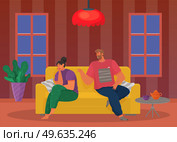 Young people quarreling at home. Man and woman couple in bad relationship. Arguing, reprimanding, having argument fight. Husband and wife breakup. Family conflicts. Marriage crisis. Guy yells at girl. Young people quarreling at home. Man and woman couple in bad relationship, family altercation. Стоковая иллюстрация, агентство Ingram Publishing / Фотобанк Лори