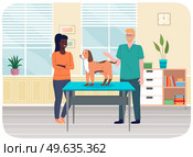 Veterinarian doctor treat ginger dog in hospital office. Man stroking puppy standing on medical table, makes him an examination. Visit to vet clinic to check health of animal. Veterinary care. Veterinarian doctor treat ginger dog in hospital office. Man stroking puppy, veterinary care. Стоковая иллюстрация, агентство Ingram Publishing / Фотобанк Лори
