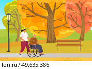 Woman rolls old man in wheelchair. Grandfather walks and sits in disabled carriage in city park. Girl take care of retiree from nursing home. People stroll along walkway with green trees in garden. Woman rolls old man in wheelchair. Grandfather walks and sits in disabled carriage in city park. Стоковая иллюстрация, агентство Ingram Publishing / Фотобанк Лори