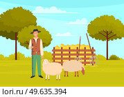 Male character of shepherd with sheeps near dry hay container. Young farmer man in hat standing with shepherd s stick near farm animal. Green meadow rural landscape with grass, green trees and hay. Young farmer man in hat standing near sheeps with shepherd s stick near farm animal, rural landscape. Стоковая иллюстрация, агентство Ingram Publishing / Фотобанк Лори