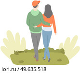 Happy couple in love walking in park. Tall guy spends time with pretty girl outdoors. Outdoor activity vector. People in relationship walk on fresh air. Man and woman walking in embrace on date. Happy couple in love walking in embrace. People in relationship spend time together in park. Стоковая иллюстрация, агентство Ingram Publishing / Фотобанк Лори