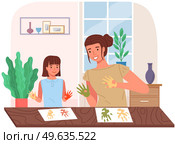Mother and daughter painting at home. Mom and child study or playing together. Woman teaches girl to draw. Happy family pastime. People paint hands with dye and leaves traces of palms on paper. People paint hands with dye and leaves traces of palms on paper. Mother and daughter painting. Стоковая иллюстрация, агентство Ingram Publishing / Фотобанк Лори