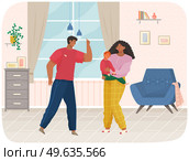 Angry husband and wife swear in presence of unhappy scared kid. Woman and man shouting, screaming, yelling, fighting, scared child crying. Unhappy marriage. Family conflict. Young couple quarreling. Angry husband and wife swear in presence of unhappy scared little son. Woman and man shouting. Стоковая иллюстрация, агентство Ingram Publishing / Фотобанк Лори