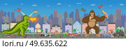 Kong and Godzilla in pixel-game layout design. Animals monsters attacks humanity, gorilla holds girl and car in hands. Giant dinosaur in computer pixelated scene attacked by military and police. Kong and Godzilla in pixel-game layout design. Giant animals monsters attacks humanity. Стоковая иллюстрация, агентство Ingram Publishing / Фотобанк Лори