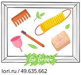 Zero waste reusable personal hygiene products toothbrush, comb, sponge for body, menstrual cup. Eco friendly goods for daily body and hair care. Environment conservation and responsible consumption. Zero waste reusable personal hygiene products. Eco friendly goods for daily body and hair care. Стоковая иллюстрация, агентство Ingram Publishing / Фотобанк Лори