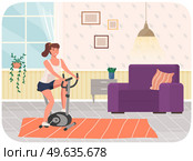 Woman doing cycling exercise. Illustration of fit woman with bike trainer doing sports at home. Cardio workout. Exercising in gym in morning. Lifestyle and health. Equipment for physical activity. Woman doing cycling exercise. Fit woman with bike trainer doing sports at home. Cardio workout. Стоковая иллюстрация, агентство Ingram Publishing / Фотобанк Лори