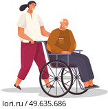 Girl take care of retiree from nursing home. Woman smiles and rolls old man in wheelchair. Assistant working in nursing home. Grandfather with gray hair walks and sits in wheelchair isolated on white. Girl take care of retiree from nursing home. Woman smiles and rolls elderly man in wheelchair. Стоковая иллюстрация, агентство Ingram Publishing / Фотобанк Лори
