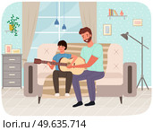 Father spend time with his child. Dad teaches his son how to play guitar. Parent and kid happy together at home. Musician teaches child to make music. Guitar and music lesson vector illustration. Musician teaches child to make songs. Guitar and music lesson. Dad and son playing together. Стоковая иллюстрация, агентство Ingram Publishing / Фотобанк Лори
