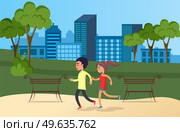 Running man and woman outdoor. Couple jogging in morning park. Young guy and girl doing sports in nature. Healthy lifestyle, sports and physical activity during day. Athletes on background of city. Athletes on background of city. Couple jogging in morning park. Guy and girl doing sports, running. Стоковая иллюстрация, агентство Ingram Publishing / Фотобанк Лори