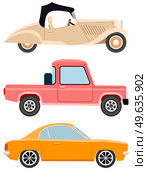 Set of modes of transport and machine shapes. Transport isolated on white background. Crossover, hatchback, pickup, cabriolet vehicle vector illustration. Cars of different types without drivers. Cars of different types without drivers. Set of modes of transport and shapes vector illustration. Стоковая иллюстрация, агентство Ingram Publishing / Фотобанк Лори