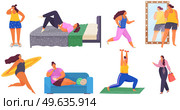 Fat woman s daily routine set of eight scenes with oversize unhappy lady rests at home, plays sports. Female daily life, everyday. Body positive lady looks in mirror, walking on white background. Fat woman s daily routine set of eigth scenes with oversize lady rests, walks, plays sports. Стоковая иллюстрация, агентство Ingram Publishing / Фотобанк Лори